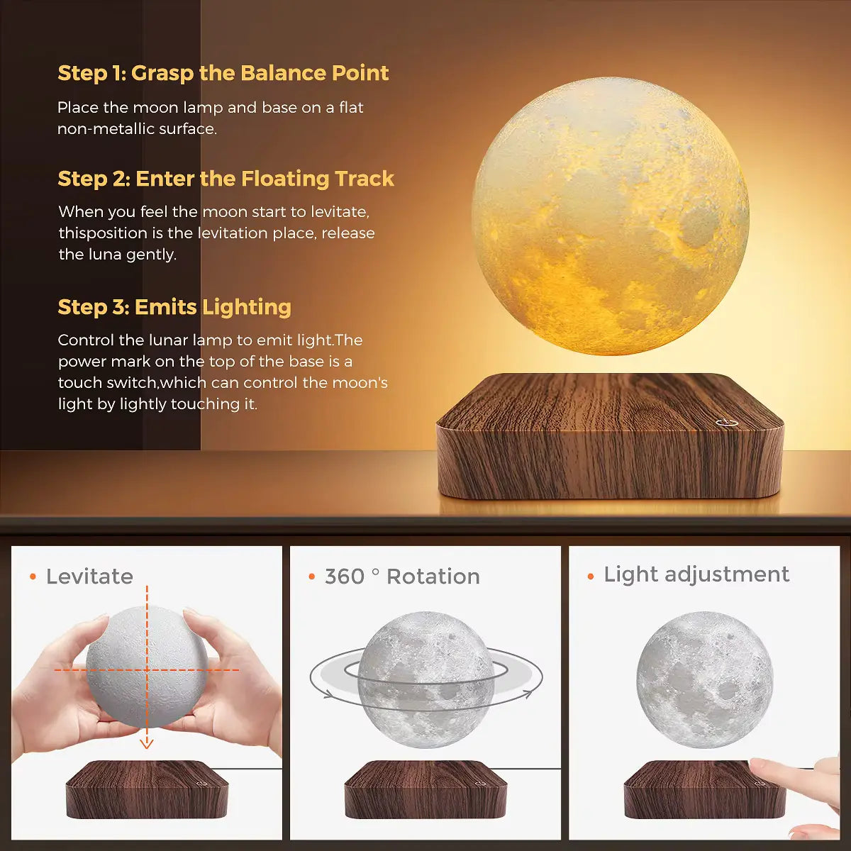 Levitating Moon Lamp - 3-Color Rotating Night Light, Unique Decor