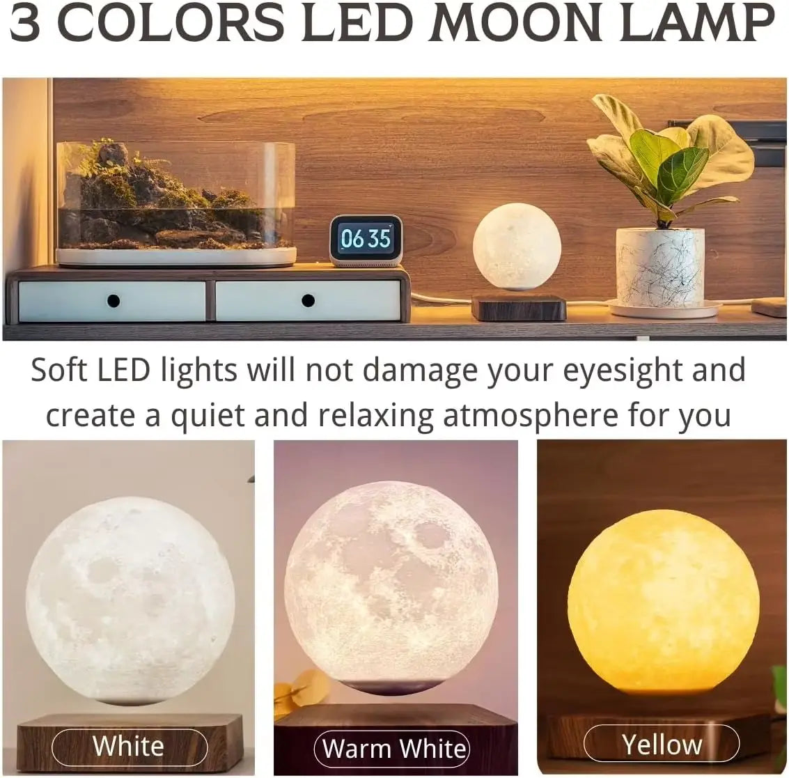Levitating Moon Lamp - 3-Color Rotating Night Light, Unique Decor