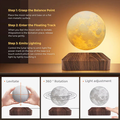 Levitating Moon Lamp - 3-Color Rotating Night Light, Unique Decor